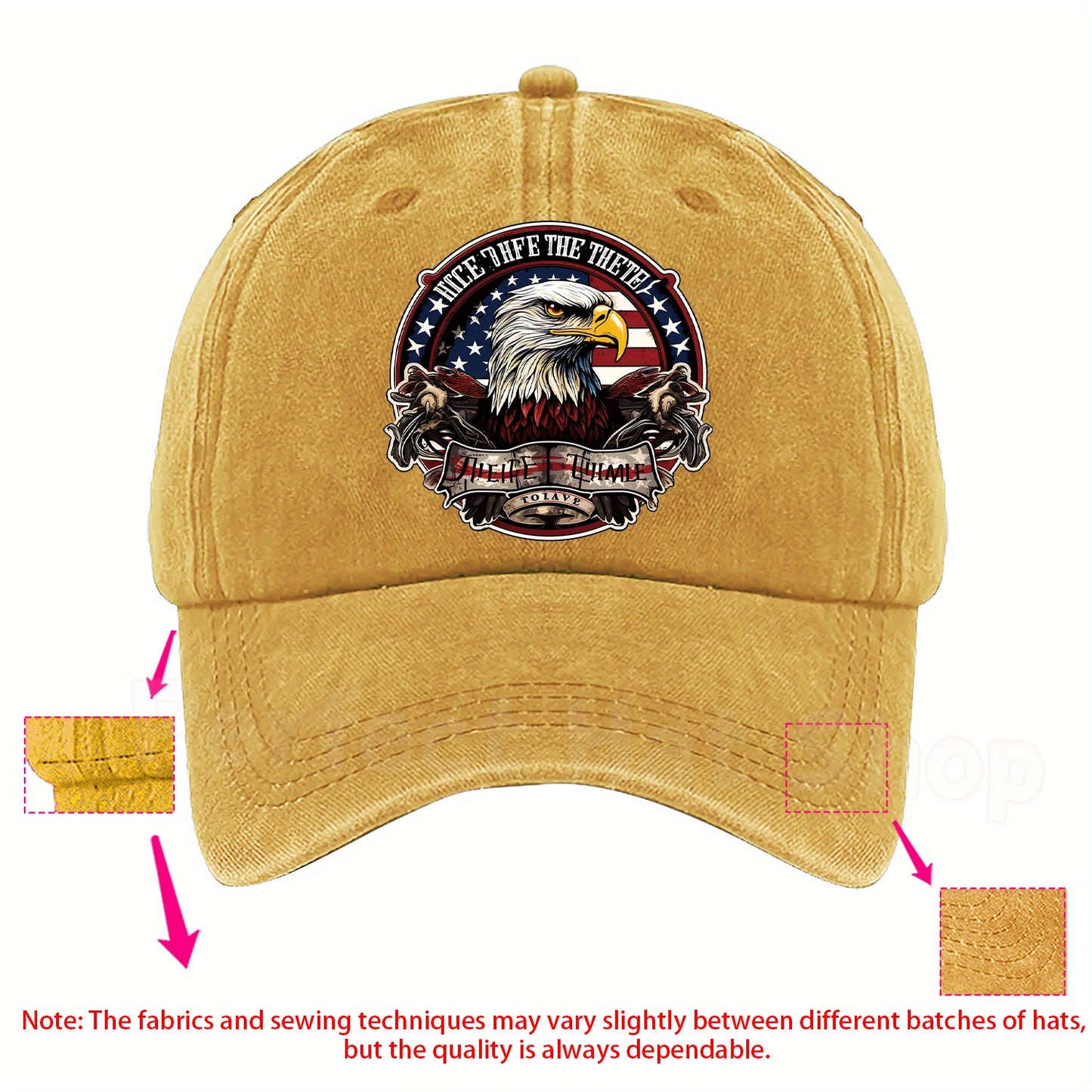 Patriotic Bald Eagle Military Print Baseball Cap - Adjustable Fit,, Machine Washable - Dark Blue with American Flag Design & "Eagle Motif" Patch