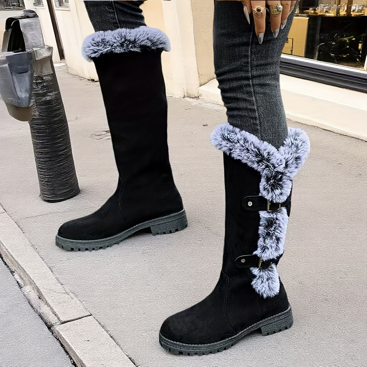 Women'S Winter Warm Fleece-Lined Mid-Calf Boots with Plush Lining & faux fur Trim - Slip-On Round Toe Chunky Heel, PU Sole for Traction on Snowy/icy Conditions, & faux fur Collar & Cuff, Winter Boots | Plush Lined Interior |