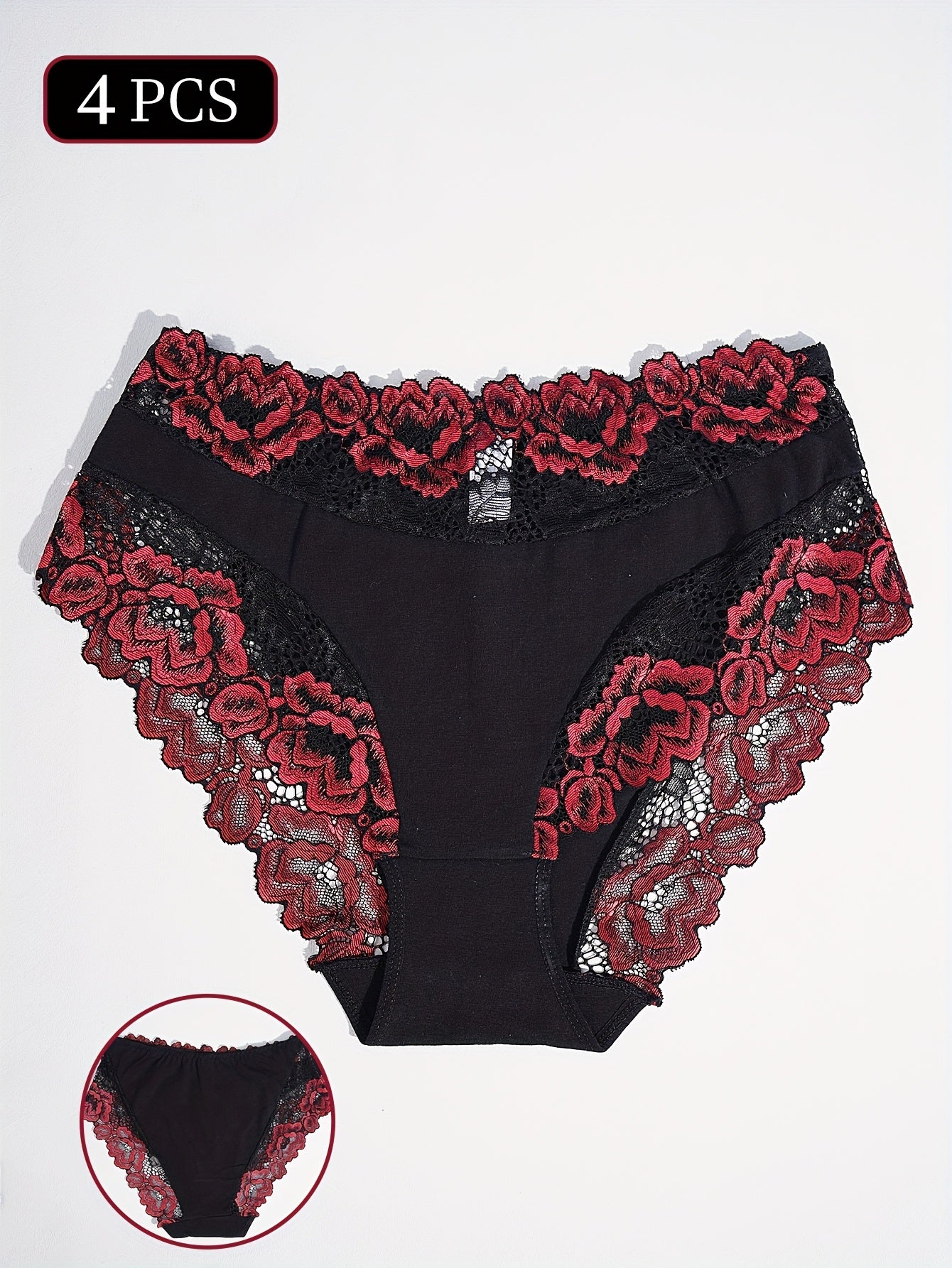 4pcs Women'S High-Waisted Lace Trim Panties - Breathable Mid-Rise Briefs with Floral Patterns, Elegant Contrast Trim in Black, Blue, Red & Golden, Comfortable & Stylish Underwear, Lace Trim Panties, Comfortable Underwear, Ele