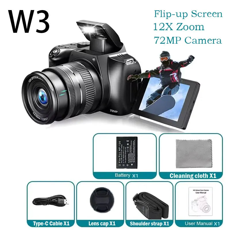 Digital Camera 4K 72MP 12X Optical Zoom UHD Professional Photography Flash Light Auto-Focus WIFI for Tiktok Ins Youtube Webcast