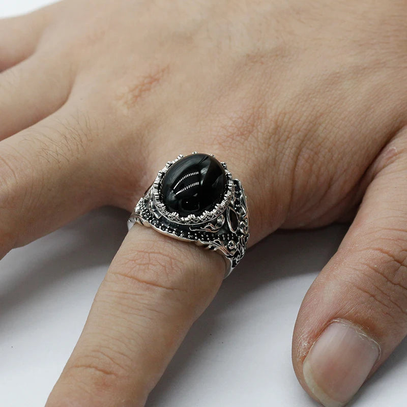 925 Sterling Silver Natural Black Onyx Men's Ring Vintage Turkish Punk Jewelry Trend Jewelry Set Couple Rings Women's Rings