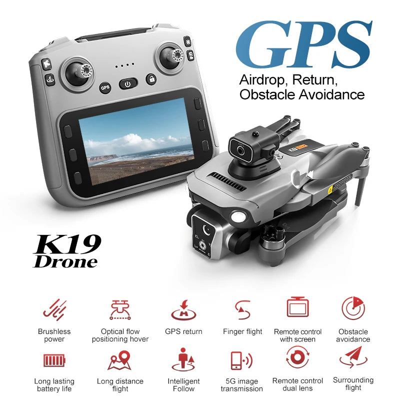 New K19 MAX GPS Drone Professional 8K Camera Aerial FPV Brush Avoiding Obstacle with Large Screen Remote Control Folding Drone