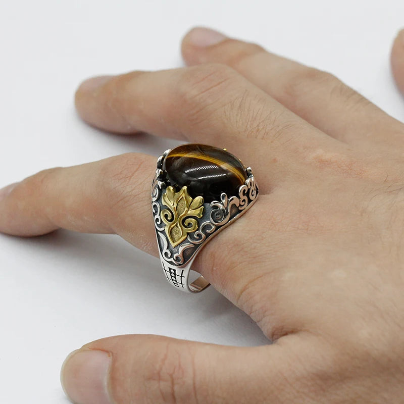 Handmade 925 Sterling Silver Mens Ring With Natural Tiger Eye Stone Oxidized Silver Ring Turkish men's Fashion Jewelry