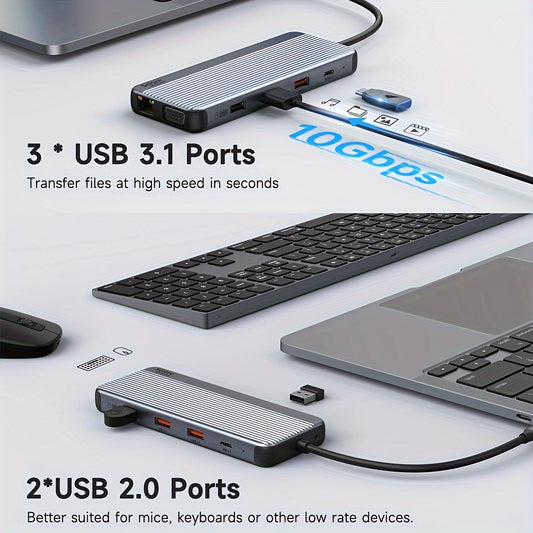 3 Monitor USB C Docking Station Laptop Docking Station 2 HDMI Triple Dispaly Dual HDMI USB C Hub Multi Monitor Adapter with 2 4K HDMI VGA PD 100W 10Gb USB C/A Ethernet Audio for Dell HP Lenovo Surface