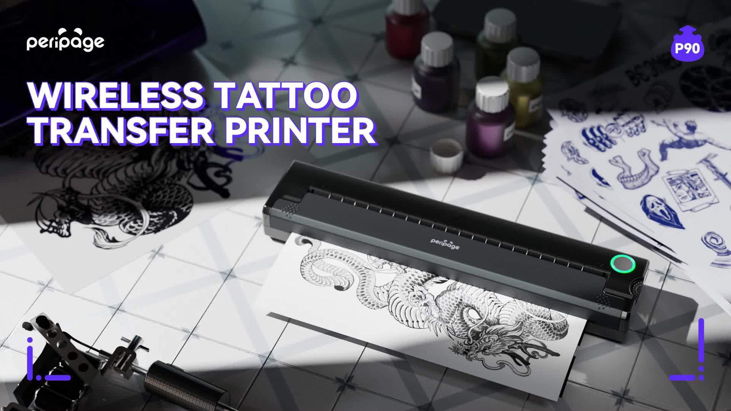 Peripage P90 Tattoo Stencil Printer Tattoo Printer Thermal Printer for DIY Tattoo, Mini Portable Printer, Compatible with Smartphone and PC, iOS, for Android, with 5pcs A4 Tattoo Transfer Paper