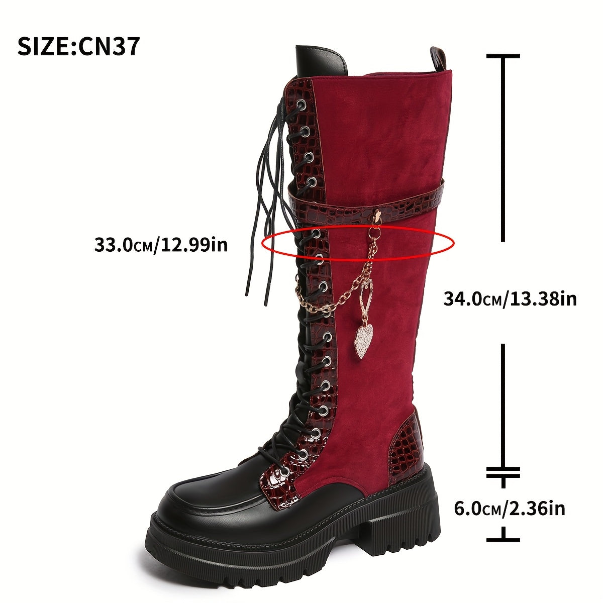 Women's Winter New Solid Color Patchwork Lace-Up Heart Metal Chain Side Zipper Thick Sole Chunky Heel Knee-High Boots, Fashionable Versatile Casual High Heels