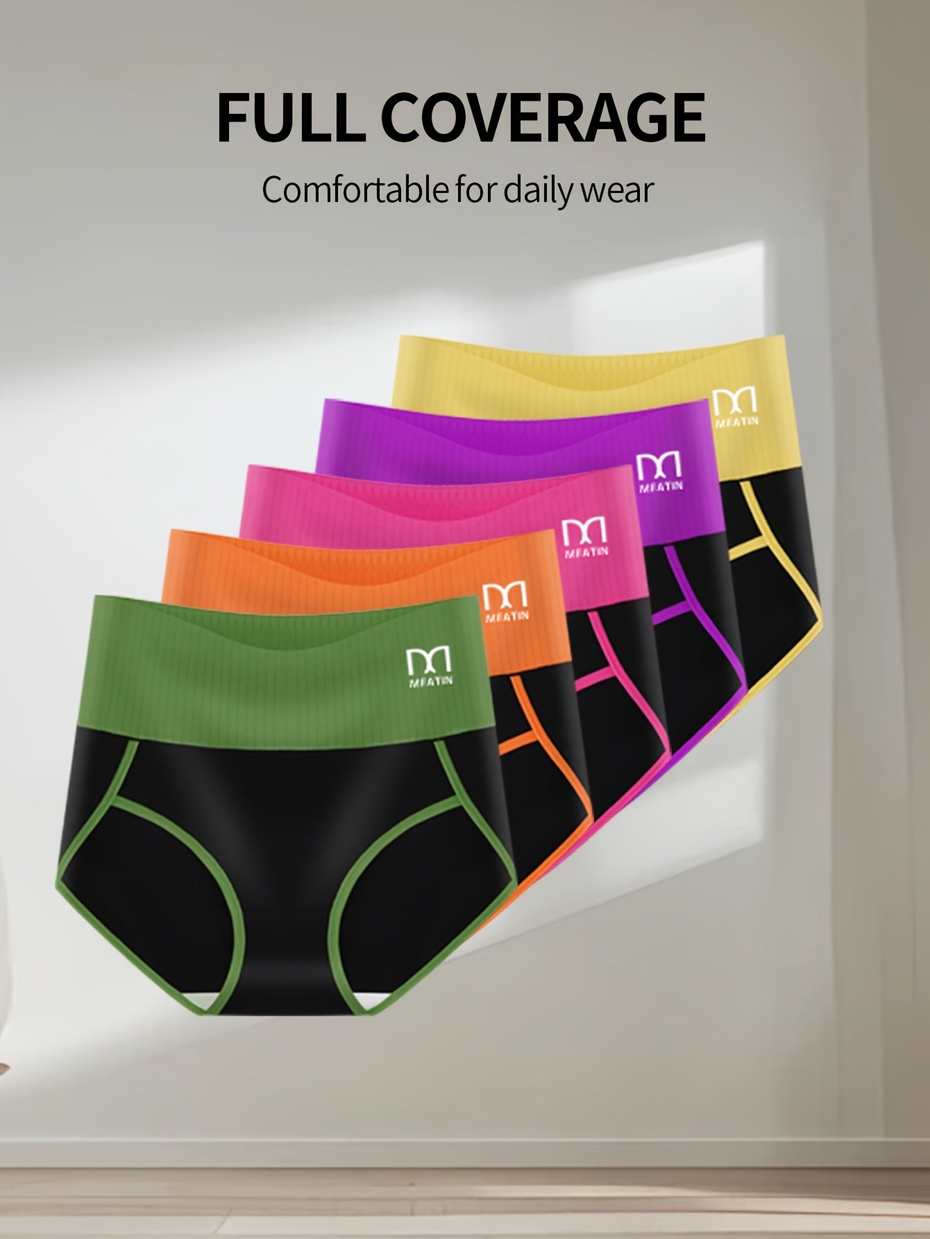 5pcs Women'S High-Waist Spliced Briefs - Butt Lifting, Comfortable & Soft Underwear Set with Vibrant Color Options (Purple, Black, Orange, Pink, Green), High Waist Underwear, Elegant Underwear, Soft Fabric Underwear