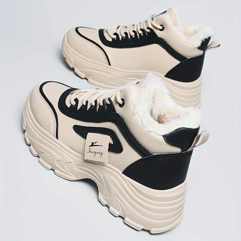 Women'S Winter High-Top Sneakers - Thick Platform Shoes with Cushioned PVC Sole, Lace-Up Closure, Non-Slip Traction - All-Season Everyday & Formal Shoes - Synthetic, Ladies Sneakers, Casual Footwear, Durable Footwear, Office