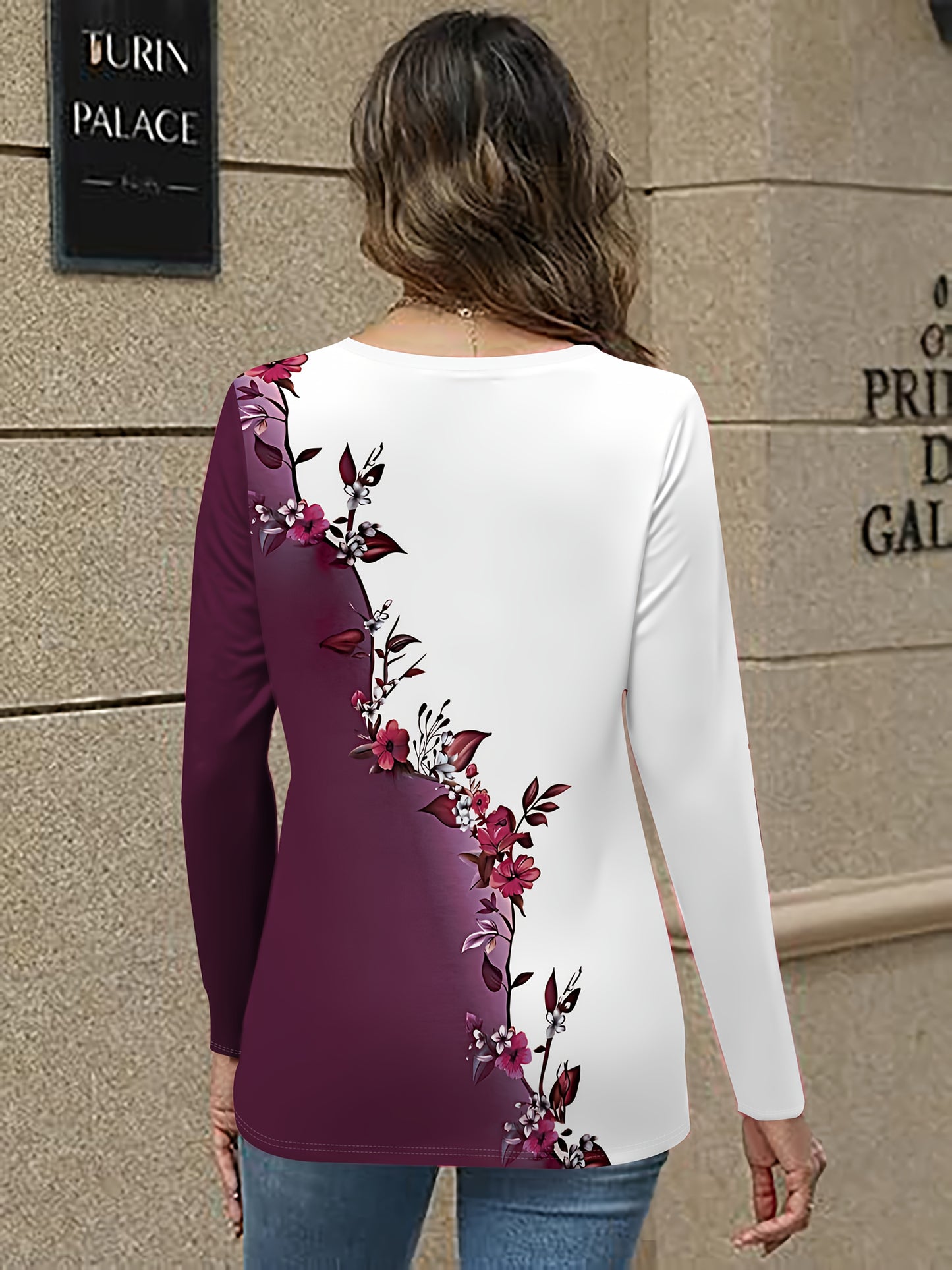 Women's Elegant V-Neck Cross-Back Long Sleeve Blouse with 3D Floral Print - Burgundy & White Asymmetrical Top, Machine Washable All-Season Shirt for Casual & Formal Events, Brown/Purple/Black/White/Navy Blue/Peach/Red/Beige/G