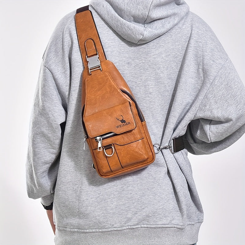 WEIXIER Vintage-Style PU Leather Sling Bag with Adjustable Strap, Multiple Pockets, Large Capacity – Brown, Black, Gray Options for Work, School, Travel & Casual Use, Small Crossbody Bag