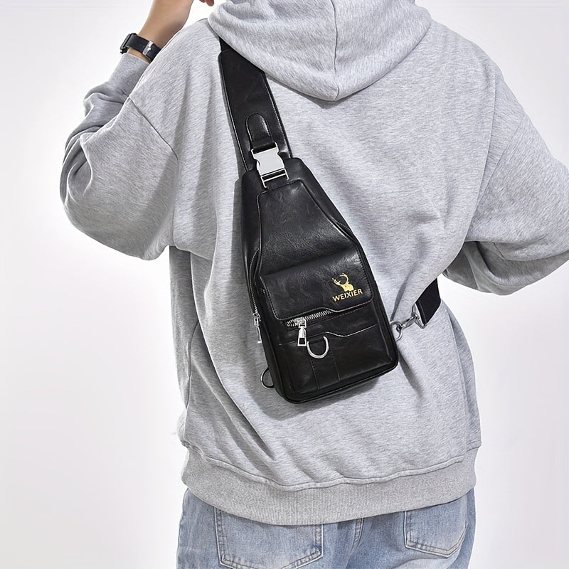 WEIXIER Vintage-Style PU Leather Sling Bag with Adjustable Strap, Multiple Pockets, Large Capacity – Brown, Black, Gray Options for Work, School, Travel & Casual Use, Small Crossbody Bag