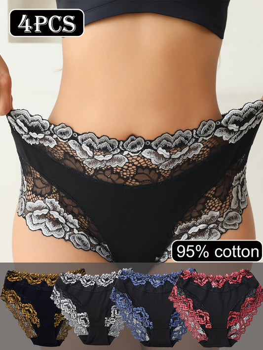 4pcs Women'S High-Waisted Lace Trim Panties - Breathable Mid-Rise Briefs with Floral Patterns, Elegant Contrast Trim in Black, Blue, Red & Golden, Comfortable & Stylish Underwear, Lace Trim Panties, Comfortable Underwear, Ele