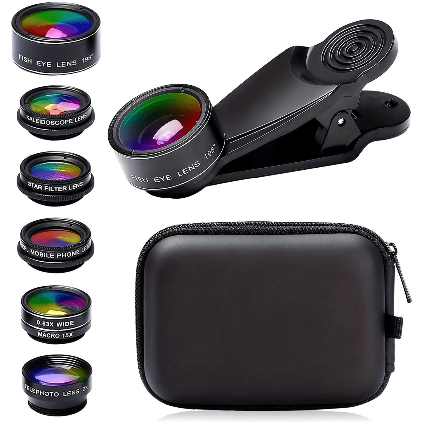 7in 1 Phone Camera Lens Kit-198° Fisheye Lens+ 15X Macro Lens+ 0.63X Wide Angle Lens+ Long Focal Lens 2x+ CPL+ Kaleidoscope+Starburst+, Clip-on Camera Lens for iPhone 11/12/13, for Samsung/Android