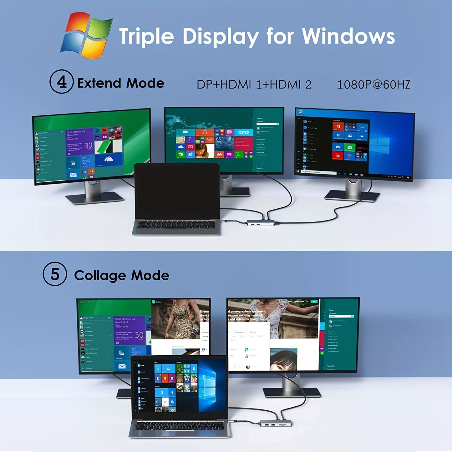 USB C Docking Station Dual Monitor, 9-in-1 Triple Display USB C Hub Multiport Adapter for Dell/HP/Lenovo/Surface Pro Laptop, USB C to 2 HDMI, DisplayPort, 87W PD, 3 USB, SD/TF Card Reader