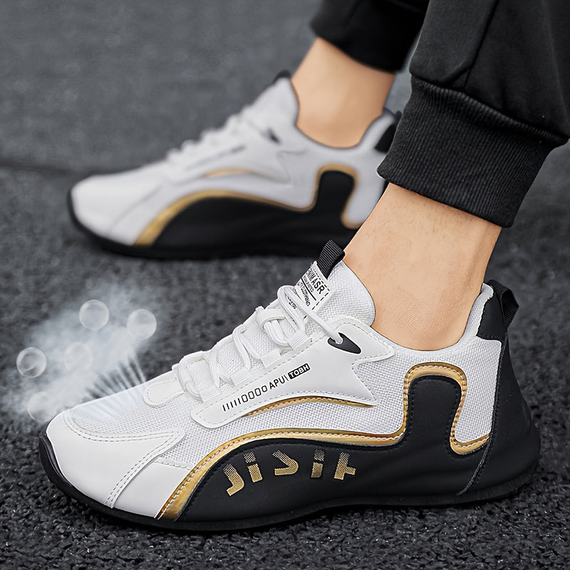 Zhenyuezu 's Low-Top Sneakers - White/Golden PU Upper, Beige/ Tread, Lace-Up Casual Shoes with Cushioned Insole & PVC Sole, Minimalist Beige & Golden Accent Design for Office, Semi-Formal Wear - Versatile s