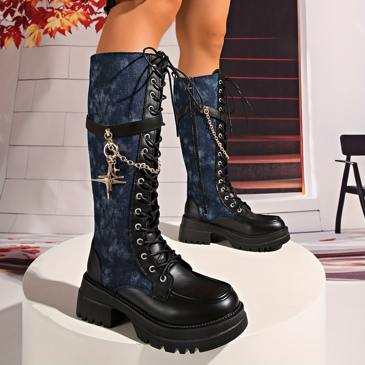 Women's Winter New Solid Color Patchwork Lace-Up Star Metal Chain Side Zipper Thick Sole Chunky Heel Knee-High Boots Fashion Versatile Casual High Heels