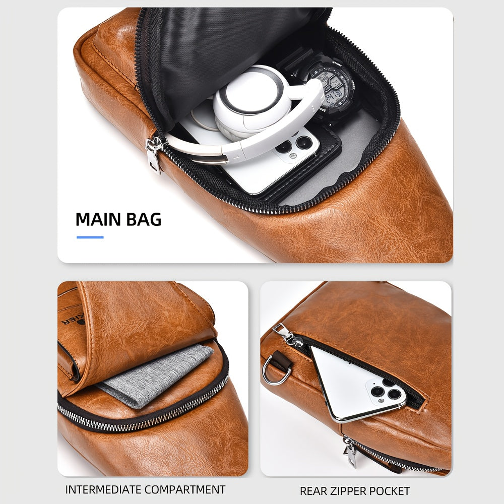 WEIXIER Vintage-Style PU Leather Sling Bag with Adjustable Strap, Multiple Pockets, Large Capacity – Brown, Black, Gray Options for Work, School, Travel & Casual Use, Small Crossbody Bag