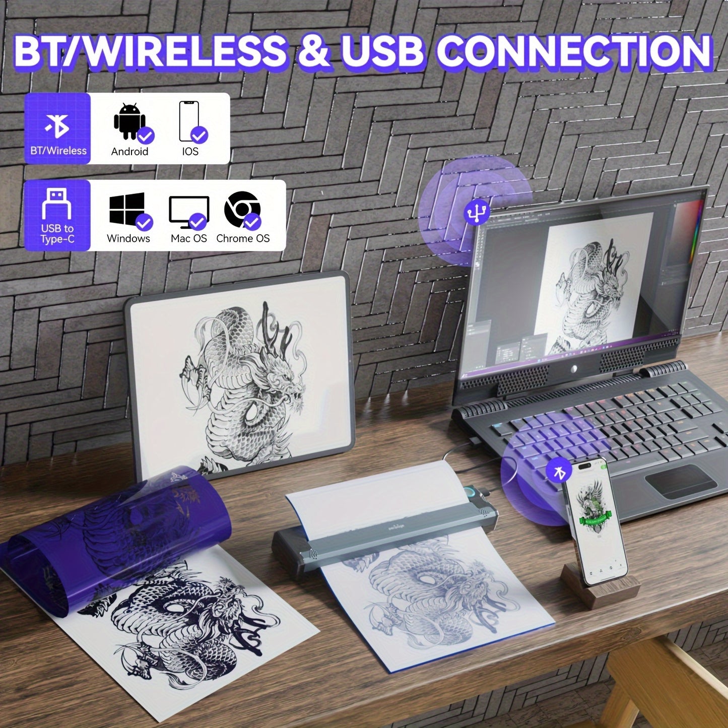 Peripage P90 Tattoo Stencil Printer Tattoo Printer Thermal Printer for DIY Tattoo, Mini Portable Printer, Compatible with Smartphone and PC, iOS, for Android, with 5pcs A4 Tattoo Transfer Paper