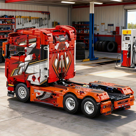 Large/Complex Red Heavy-Duty Truck Building Blocks Set - Realistic Tractor & Construction Vehicle Model Kit with Detailed Bricks, Challenging Assembly for &, Christmas/Birthday Gift for Home or Office Display