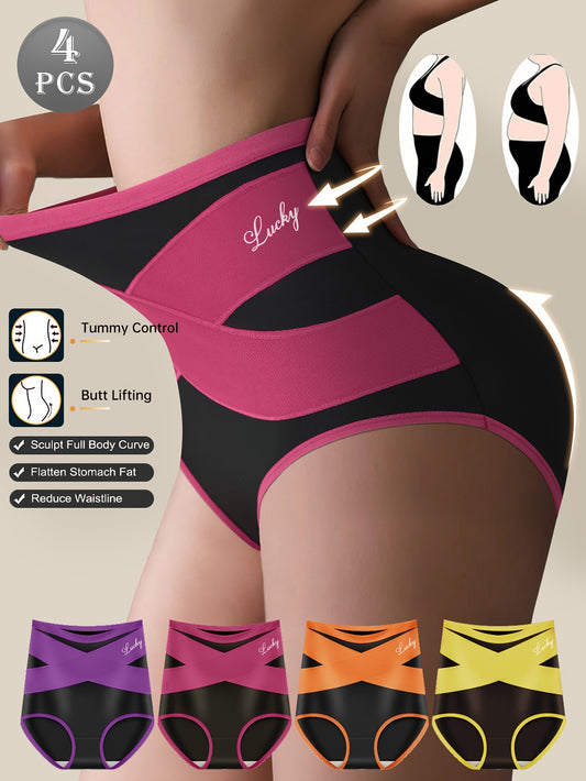 4pcs Sports Style Color Collision Cross Strap Tummy Tightening Triangle Panties Comfortable and Breathable Fashionable Can Be Worn Outside, Activewear Essentials, Everyday Comfort Wear, Trendy Underwear, Fashionable Lingerie,