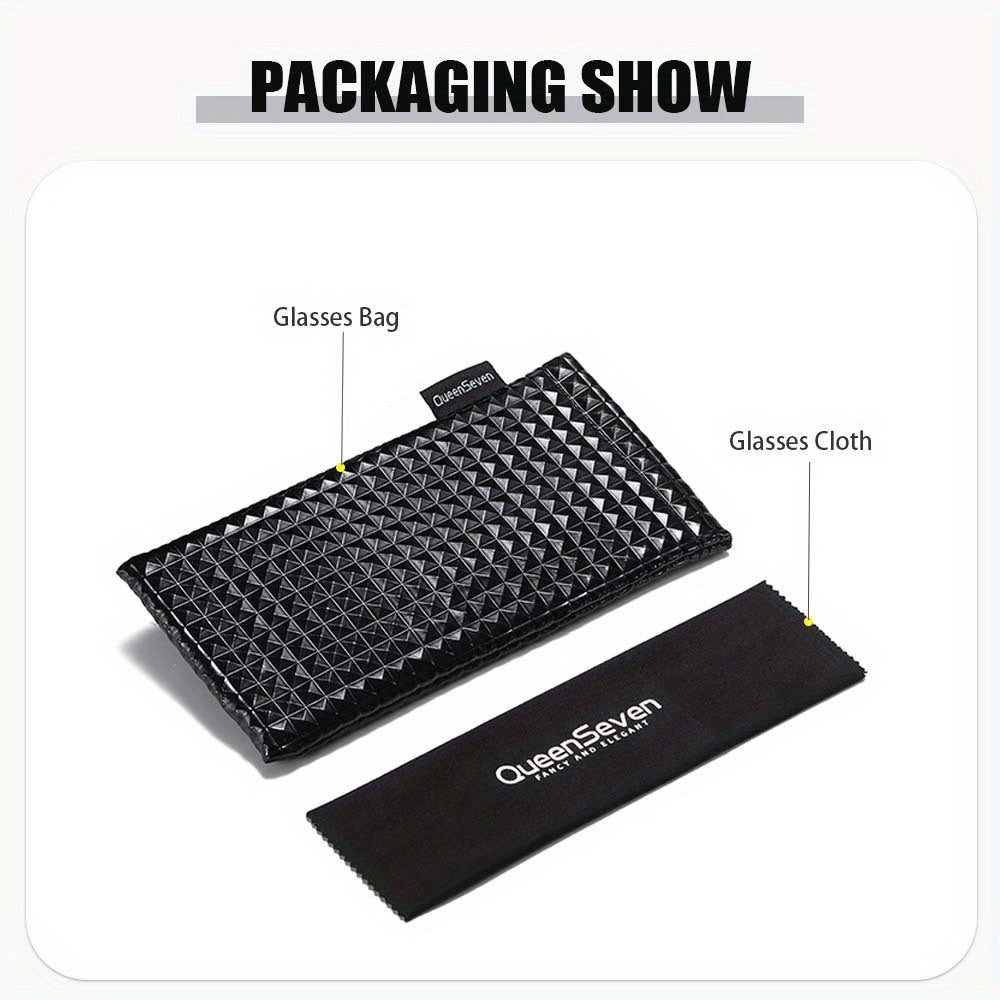 QUEENSEVEN Unisex Oversized Square Frame Fashion Glasses - 60041 UV400, PC Lens & Frame, Metal Frame with Golden Accents, Includes Case & Cloth for Driving, Casual & Formal Wear, Stylish Accessory, Durable Eyewear