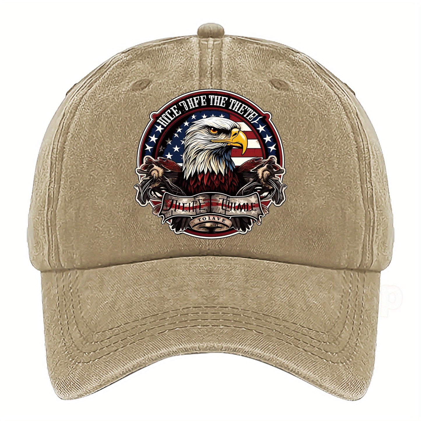 Patriotic Bald Eagle Military Print Baseball Cap - Adjustable Fit,, Machine Washable - Dark Blue with American Flag Design & "Eagle Motif" Patch