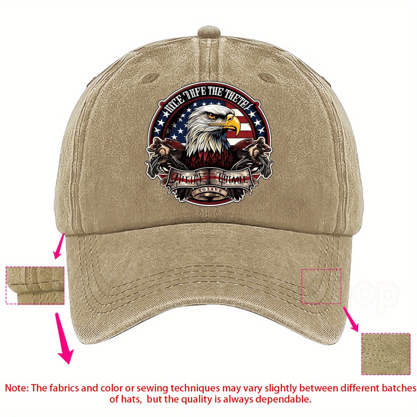 Patriotic Bald Eagle Military Print Baseball Cap - Adjustable Fit,, Machine Washable - Dark Blue with American Flag Design & "Eagle Motif" Patch