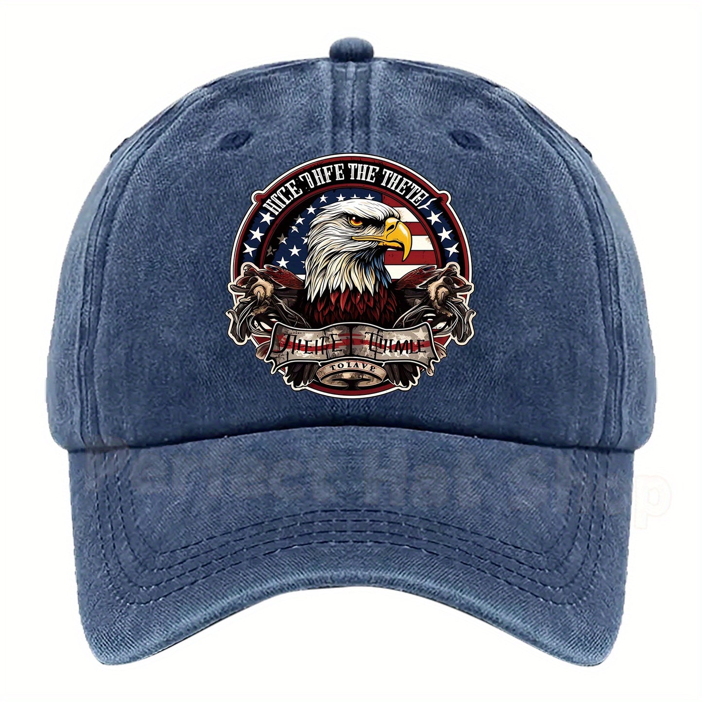 Patriotic Bald Eagle Military Print Baseball Cap - Adjustable Fit,, Machine Washable - Dark Blue with American Flag Design & "Eagle Motif" Patch
