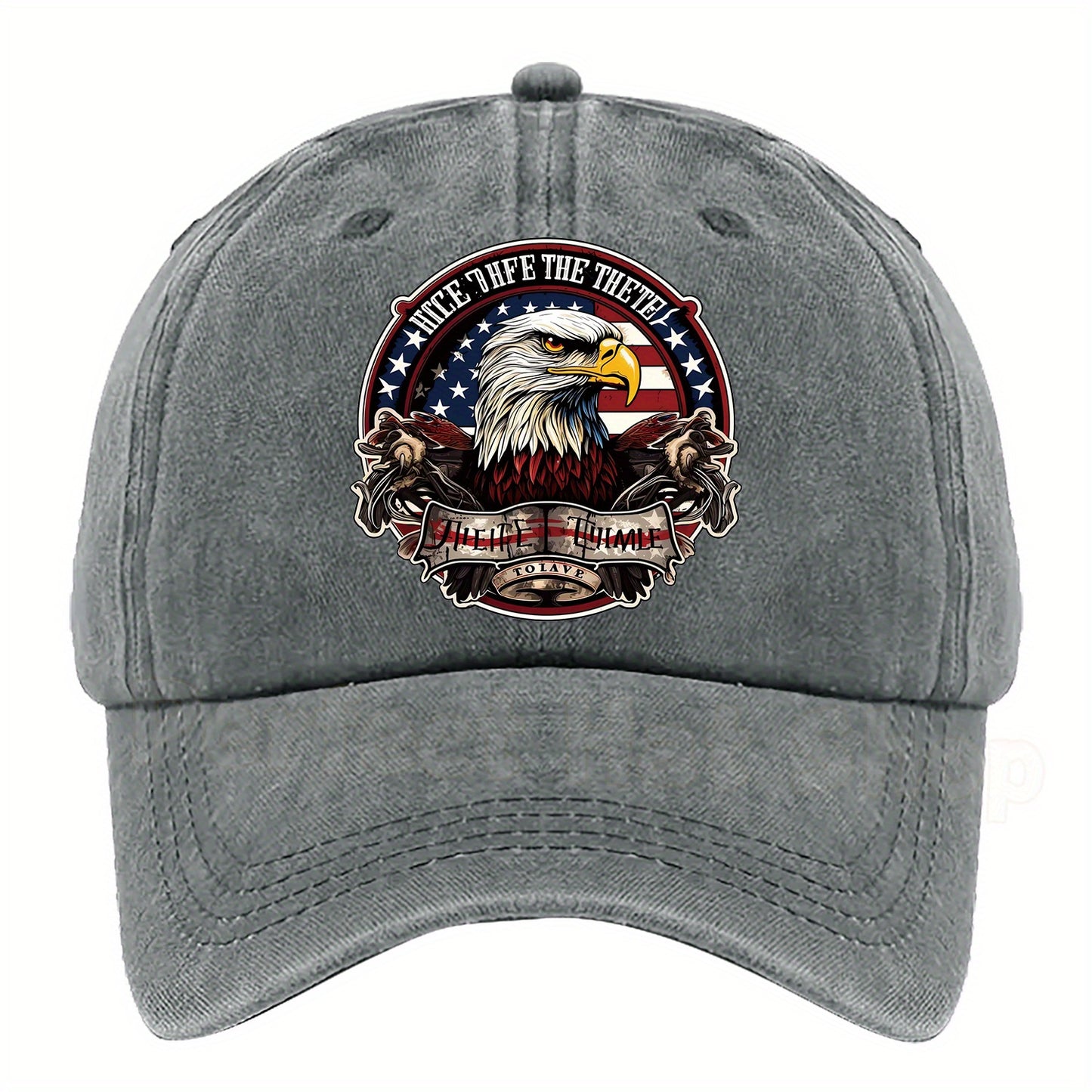 Patriotic Bald Eagle Military Print Baseball Cap - Adjustable Fit,, Machine Washable - Dark Blue with American Flag Design & "Eagle Motif" Patch