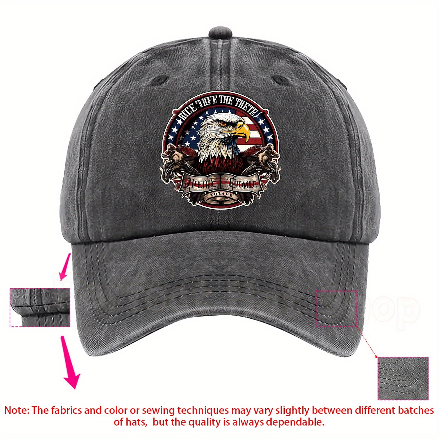 Patriotic Bald Eagle Military Print Baseball Cap - Adjustable Fit,, Machine Washable - Dark Blue with American Flag Design & "Eagle Motif" Patch
