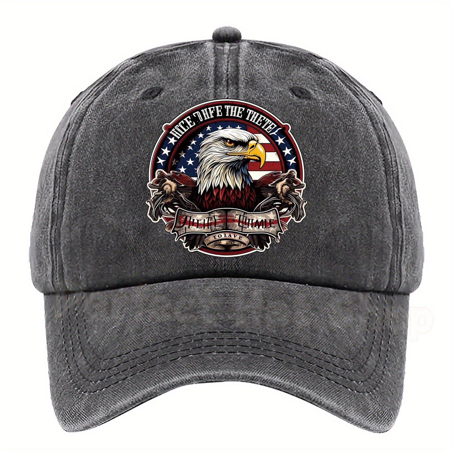 Patriotic Bald Eagle Military Print Baseball Cap - Adjustable Fit,, Machine Washable - Dark Blue with American Flag Design & "Eagle Motif" Patch
