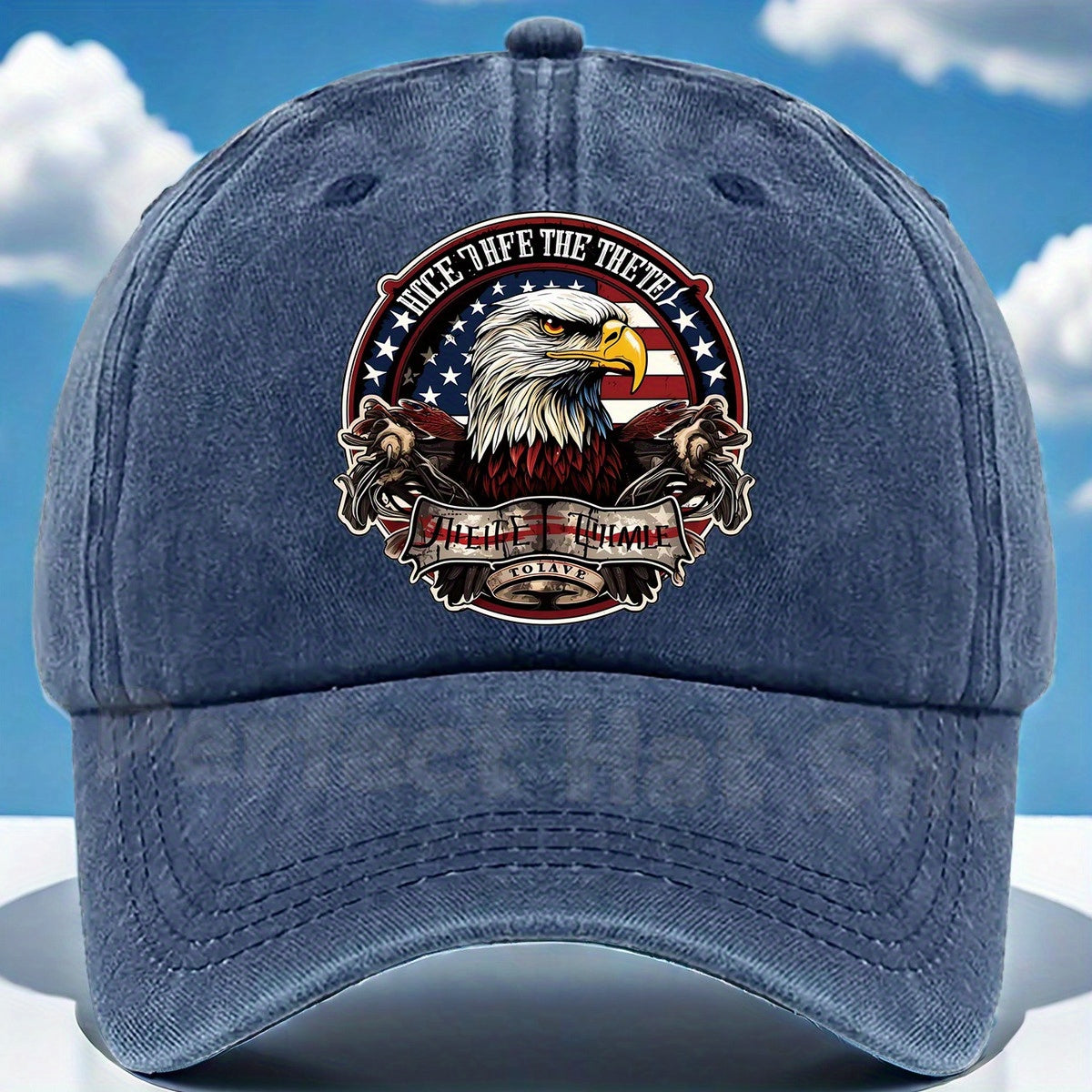 Patriotic Bald Eagle Military Print Baseball Cap - Adjustable Fit,, Machine Washable - Dark Blue with American Flag Design & "Eagle Motif" Patch