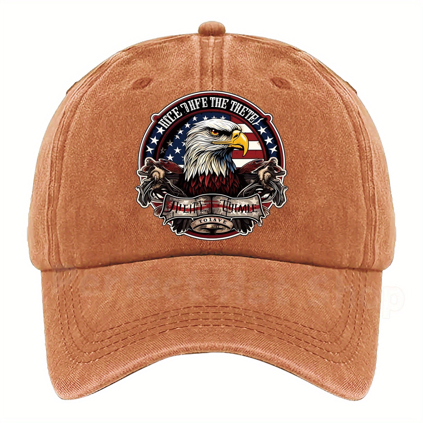 Patriotic Bald Eagle Military Print Baseball Cap - Adjustable Fit,, Machine Washable - Dark Blue with American Flag Design & "Eagle Motif" Patch