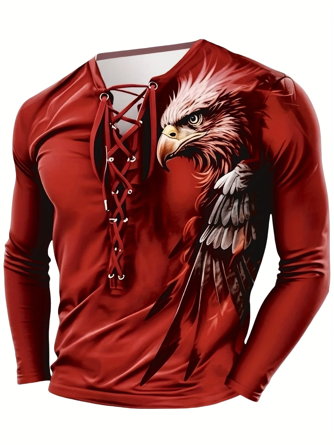 Men'S Vintage-Inspired Red Henley Shirt - Casual Long Sleeve, V-Neck with Drawstring Detail, Geometric Pattern, All-Season Comfort Fit, Vintage Henley Shirt