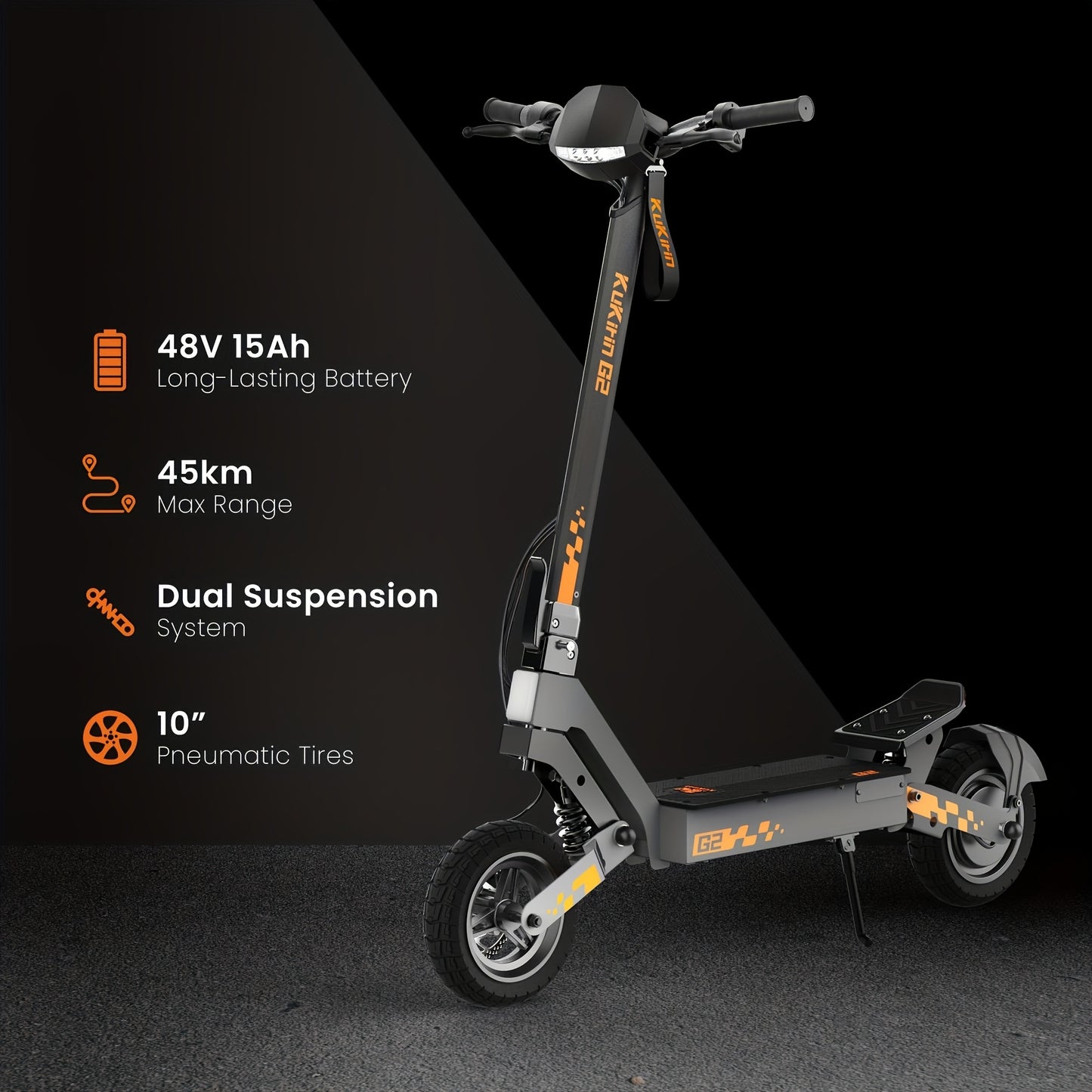 KuKirin G2 Electric Scooter for Adults - 55km Long Range, 48V 15.6Ah Removable Battery, Powerful Motor, Dual Suspension & 25.4cm All-Terrain Tires, Foldable with LCD Display, 3 Speed Modes, Front Brake System, 36V-100V Compat