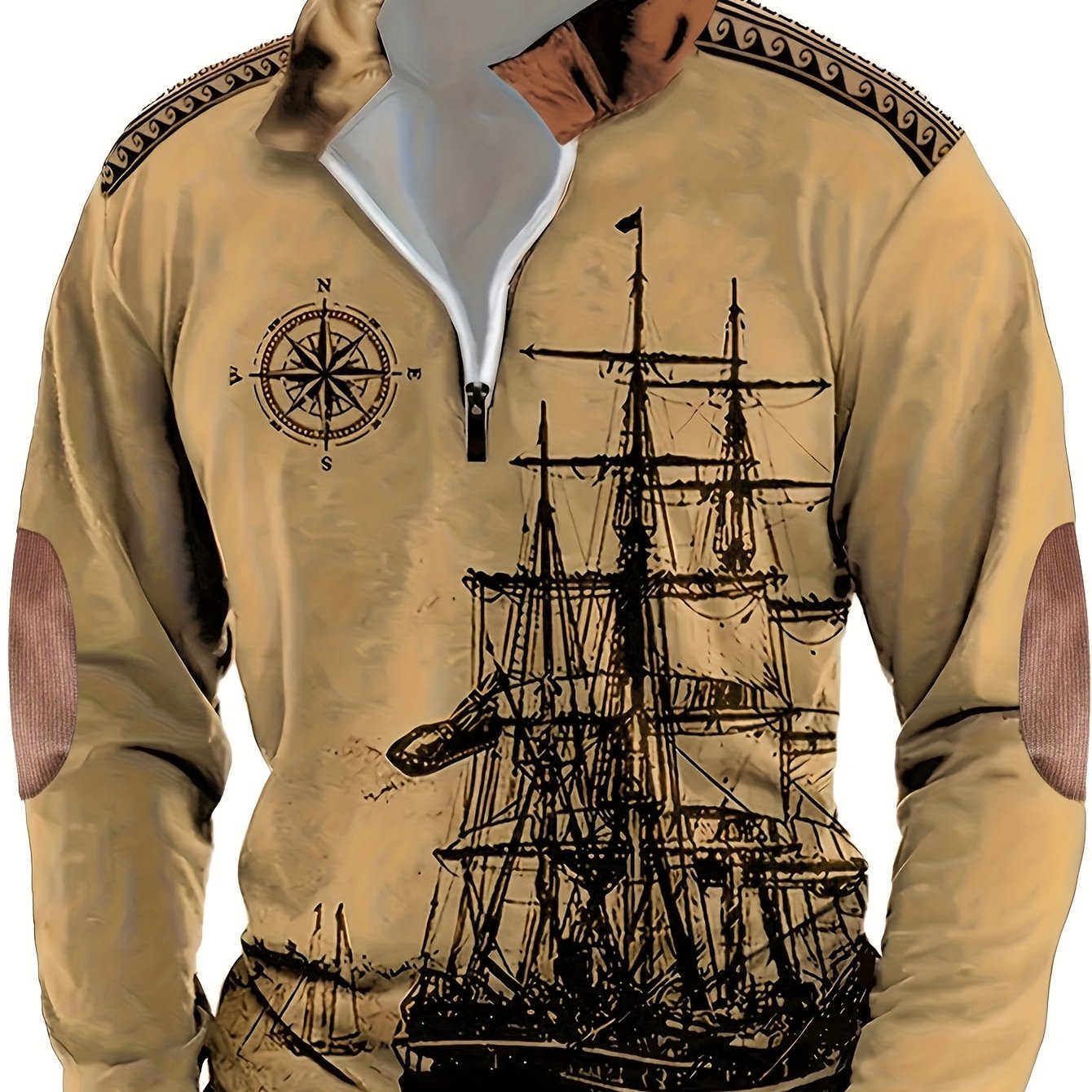 Autumn Distressed Style Sailboat Print Men'S Casual Comfortable Long-Sleeved Polo Shirt Inner Cloth