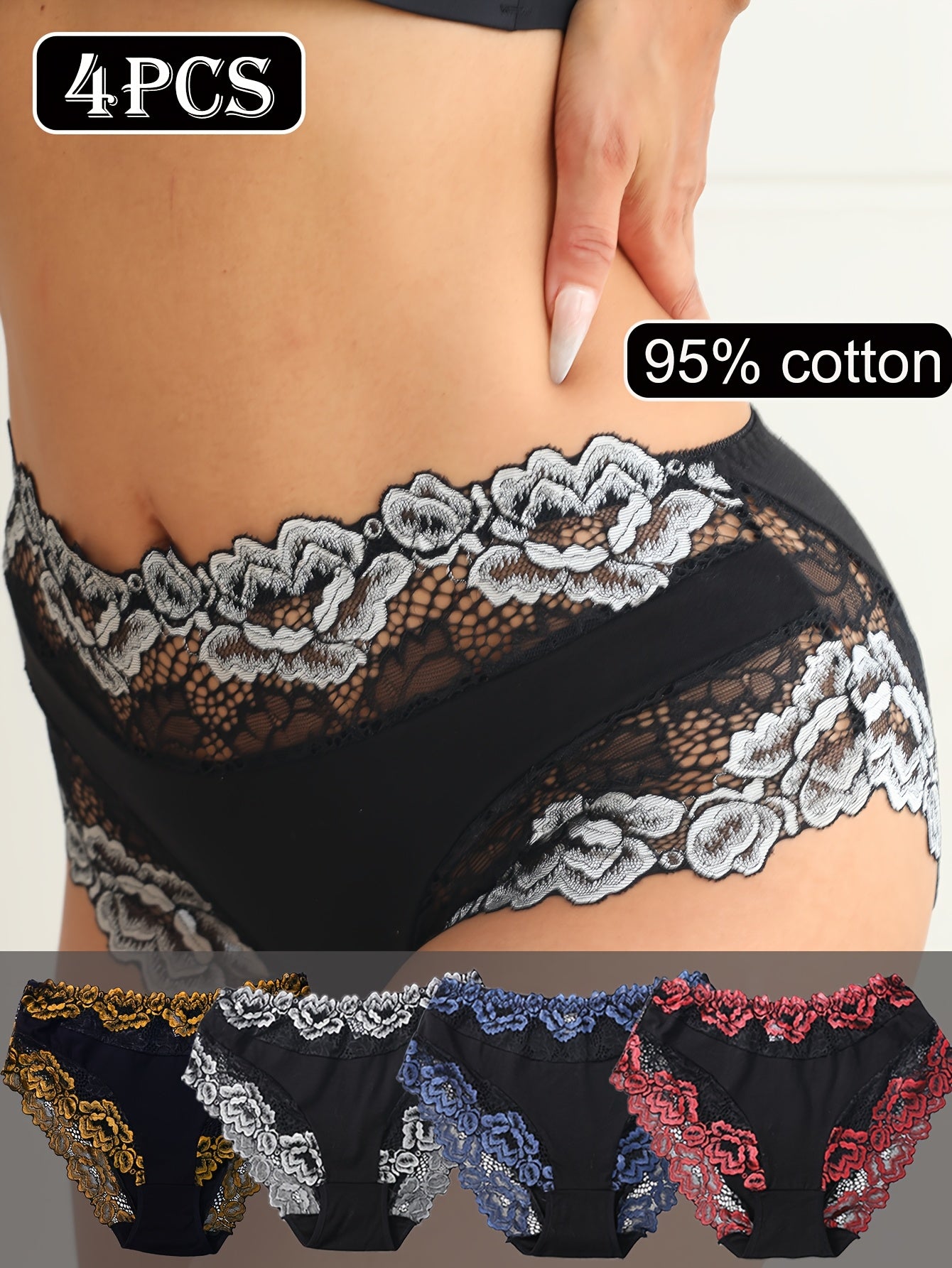 4pcs Women'S High-Waisted Lace Trim Panties - Breathable Mid-Rise Briefs with Floral Patterns, Elegant Contrast Trim in Black, Blue, Red & Golden, Comfortable & Stylish Underwear, Lace Trim Panties, Comfortable Underwear, Ele