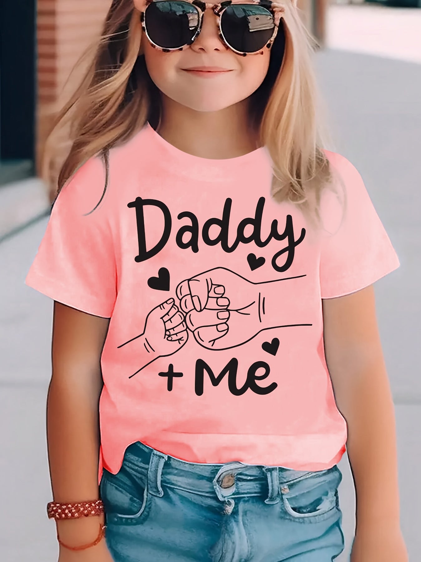 Summer Fashion Girls' Short Sleeve T-Shirt with "Big Fist Meets Little Fist" Daddy + Me Letter Print Casual Top NYDX4322