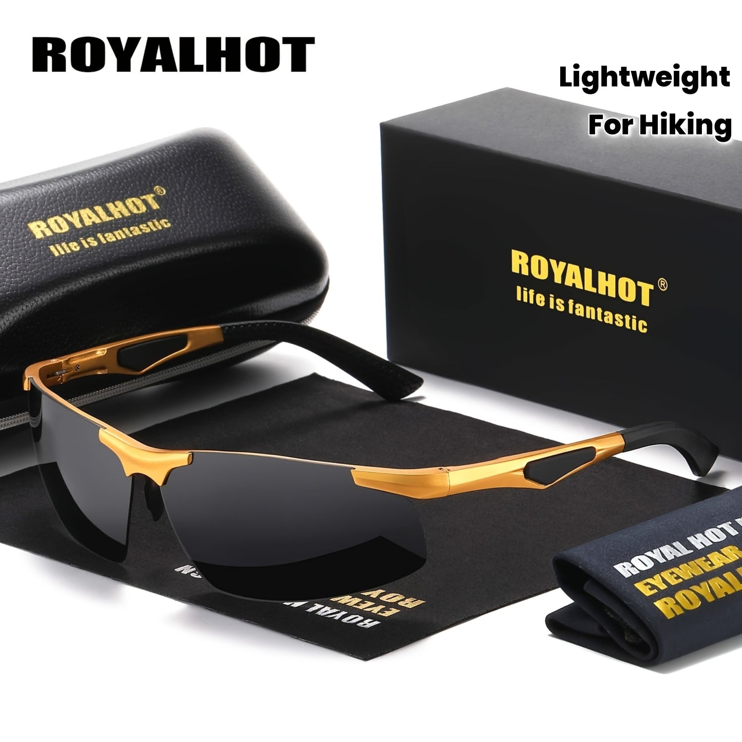 RoyalHot Men's Premium Aluminum Magnesium Polarized Fashion Glasses Driving Fashion Glasses with Golden Frame & Dark Tinted Lenses, Includes Case & Microfiber Cloth for Hiking Running Fishing, Outdoor Eyewear, Sleek Design, L
