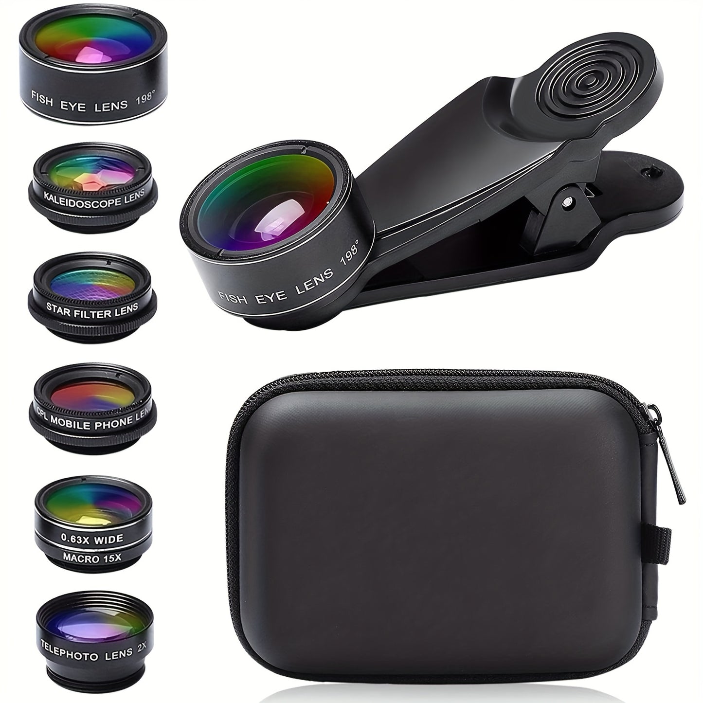 7in 1 Phone Camera Lens Kit-198° Fisheye Lens+ 15X Macro Lens+ 0.63X Wide Angle Lens+ Long Focal Lens 2x+ CPL+ Kaleidoscope+Starburst+, Clip-on Camera Lens for iPhone 11/12/13, for Samsung/Android