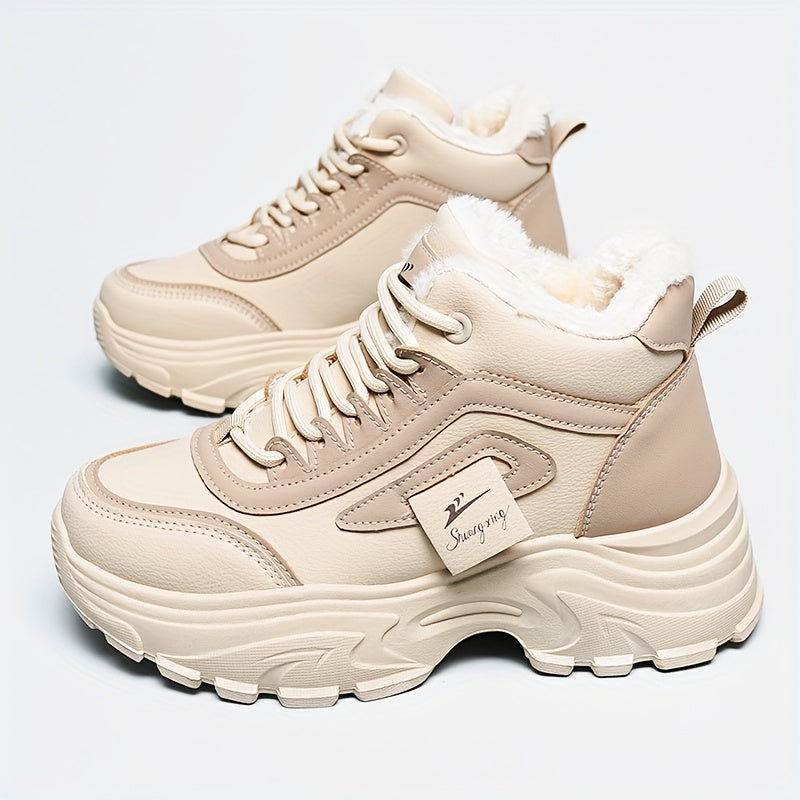Women'S Winter High-Top Sneakers - Thick Platform Shoes with Cushioned PVC Sole, Lace-Up Closure, Non-Slip Traction - All-Season Everyday & Formal Shoes - Synthetic, Ladies Sneakers, Casual Footwear, Durable Footwear, Office