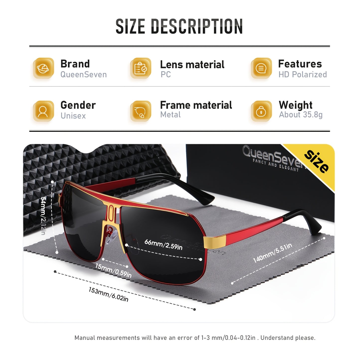 QUEENSEVEN Unisex Oversized Square Frame Fashion Glasses - 60041 UV400, PC Lens & Frame, Metal Frame with Golden Accents, Includes Case & Cloth for Driving, Casual & Formal Wear, Stylish Accessory, Durable Eyewear