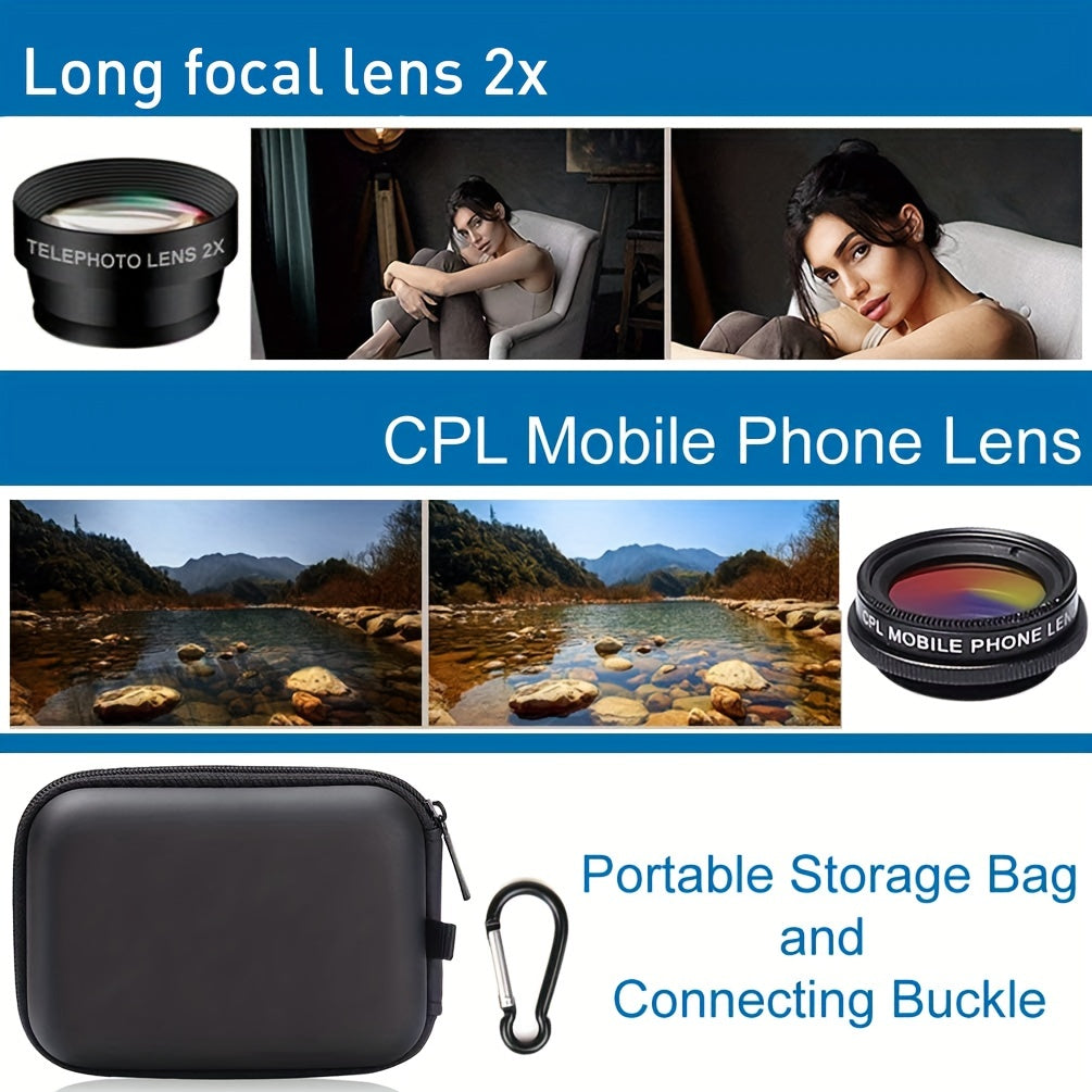 7in 1 Phone Camera Lens Kit-198° Fisheye Lens+ 15X Macro Lens+ 0.63X Wide Angle Lens+ Long Focal Lens 2x+ CPL+ Kaleidoscope+Starburst+, Clip-on Camera Lens for iPhone 11/12/13, for Samsung/Android