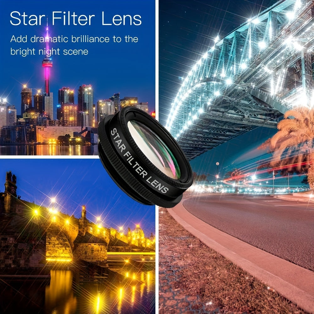 7in 1 Phone Camera Lens Kit-198° Fisheye Lens+ 15X Macro Lens+ 0.63X Wide Angle Lens+ Long Focal Lens 2x+ CPL+ Kaleidoscope+Starburst+, Clip-on Camera Lens for iPhone 11/12/13, for Samsung/Android