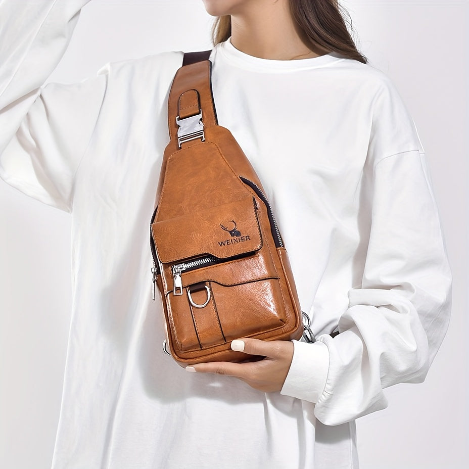 WEIXIER Vintage-Style PU Leather Sling Bag with Adjustable Strap, Multiple Pockets, Large Capacity – Brown, Black, Gray Options for Work, School, Travel & Casual Use, Small Crossbody Bag