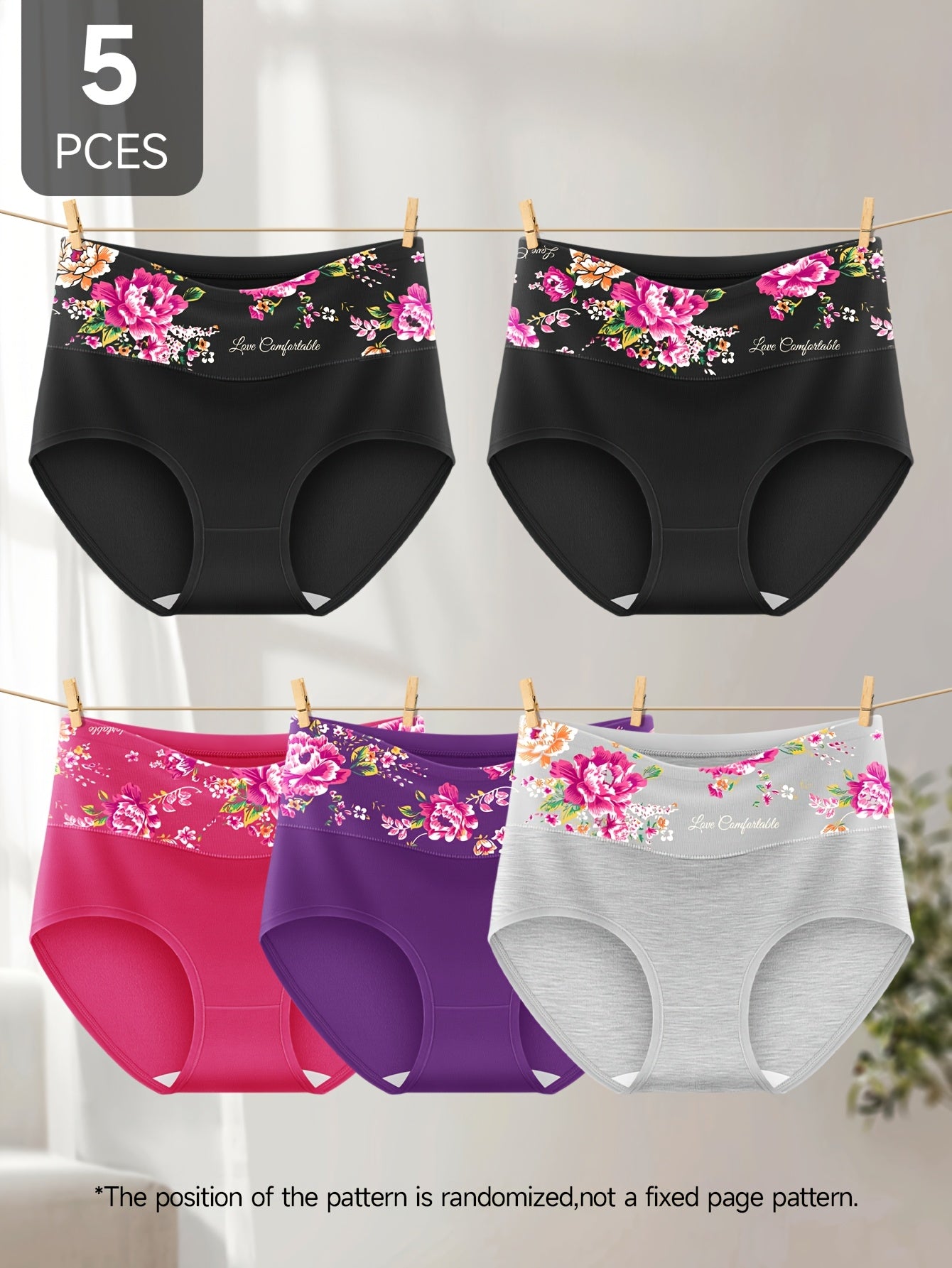 5pcs High-Waisted Women's Panties with Floral Wide Waistband Design, Multiple Colors Available, Daily Essentials, Comfortable Underwear, Stylish Panties, Floral Design, Durable Stitching, Soft Fabric, Multipack Panties, Women