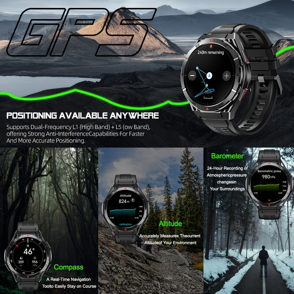 Men'S GPS Smartwatch, Dual-Band Multi-Star, Precision Trajectory, 5ATM High Quality, Compass, Barometric altitude, Battery, 1.43-inch Full Touch Screen, AMOLED Material Ultra Clarity, Wireless Calling, Tracking, Compatible wi