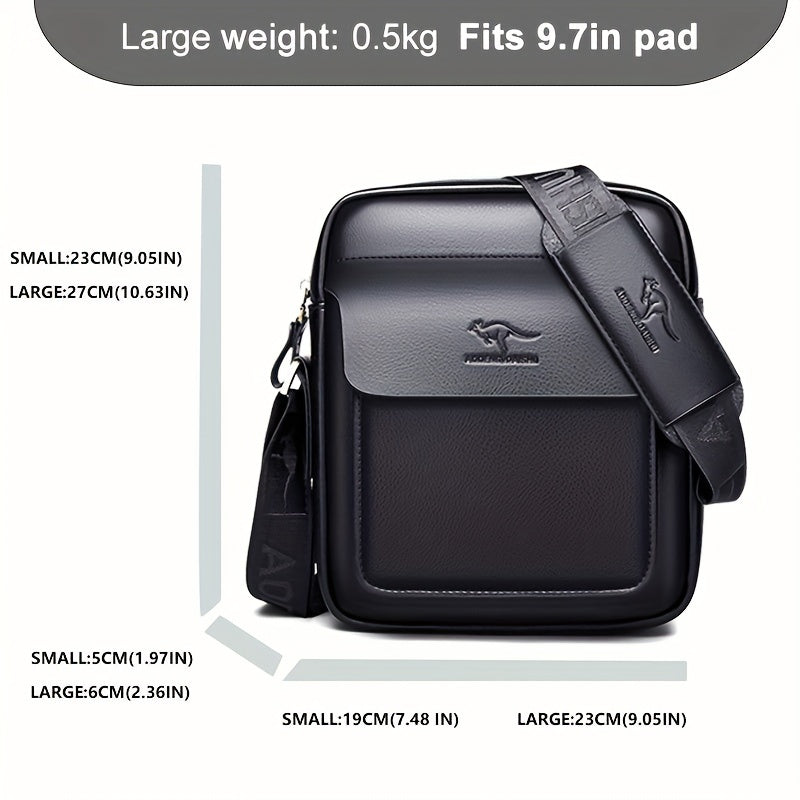 DOSHENG Men's Stylish Black Synthetic Leather Crossbody Bag - Adjustable Strap, Multi-Compartment Business Casual Satchel with Embossed Dinosaur Logo for Office Use, Versatile Crossbody Bag | Stylish Men's Accessory | Metalli