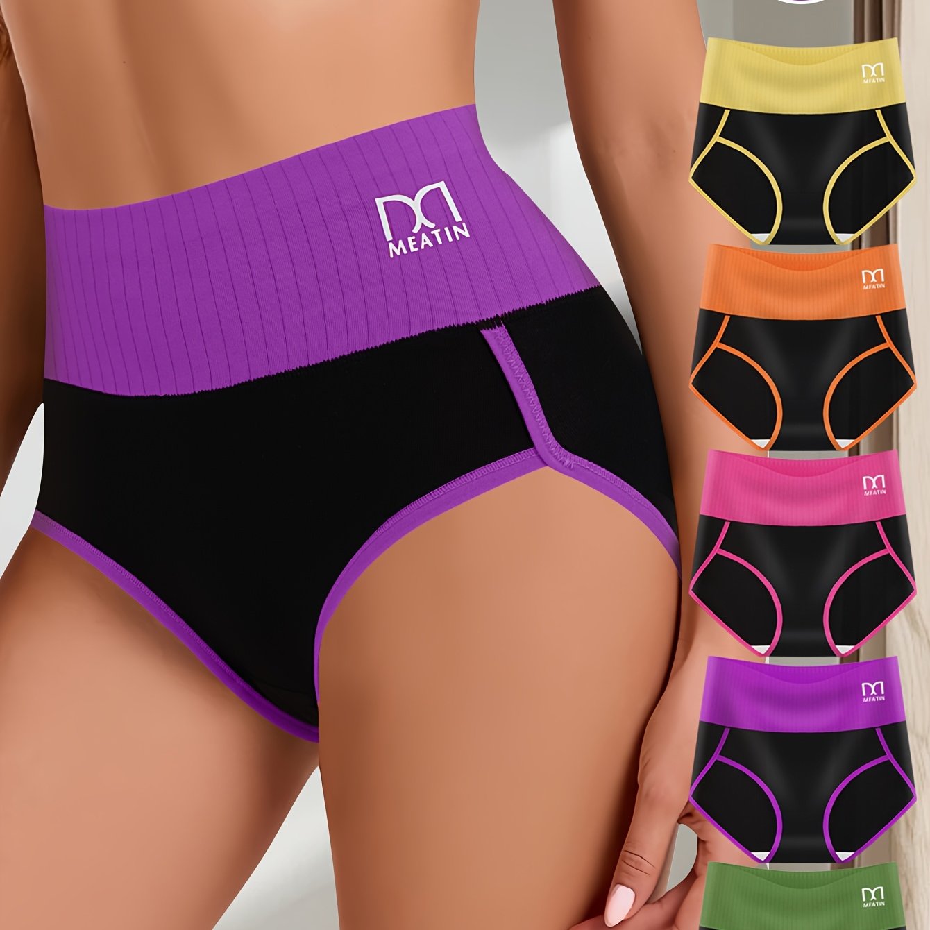 5pcs Women'S High-Waist Spliced Briefs - Butt Lifting, Comfortable & Soft Underwear Set with Vibrant Color Options (Purple, Black, Orange, Pink, Green), High Waist Underwear, Elegant Underwear, Soft Fabric Underwear