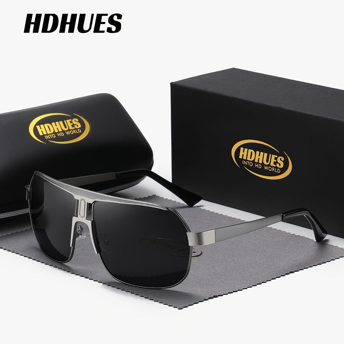 HdHues Unisex Polarized Glasses, Casual Square Oversized Frame, Metal & Acetate, PC Lens, UV Protection, Daily Leisure Sports Glasses with Case